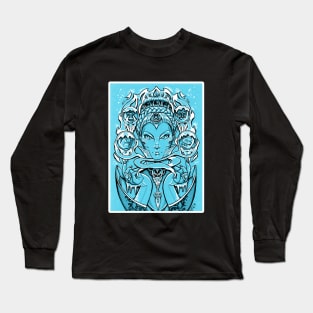 The Snow Queen - Blue Background - White Outlined Version Long Sleeve T-Shirt